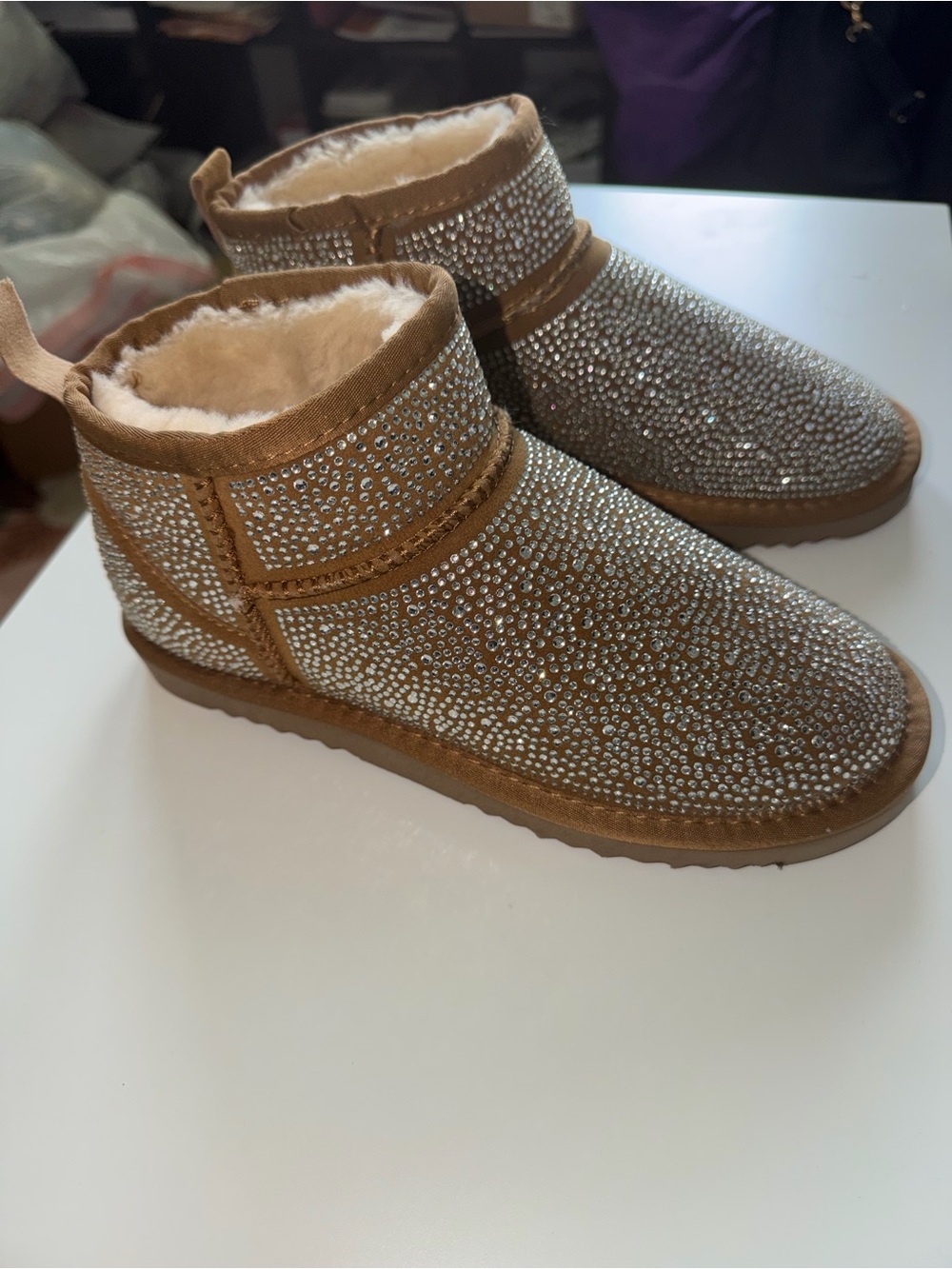 INC Crystal-Embellished Tan Faux Fur Ankle Boots